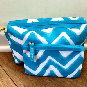 Estée Lauder Make Up Cosmetic Bag Blue White Chevron Zipper Clutch Purse